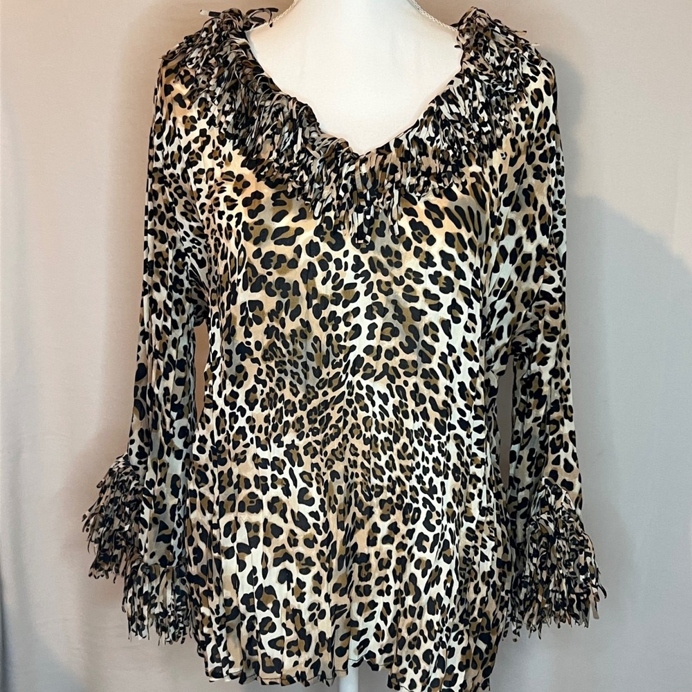Agora Leopard Print Fringe V-Neck Blouse XL Brown Tan Animal Print Bell Sleeve